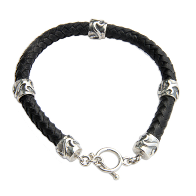 Men's leather braided bracelet, 'Warrior's Fortune' - Men's Leather and Sterling Silver Bracelet