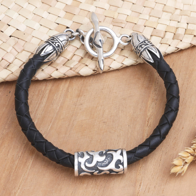 Sterling silver braided bracelet, 'Tribal Scroll' - Handmade Sterling Silver and Leather Bracelet