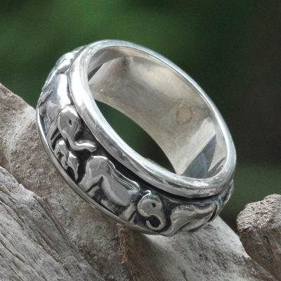 Sterling silver meditation spinner ring, 'Lucky Elephants' - Handcrafted Silver Spinner Meditation Ring