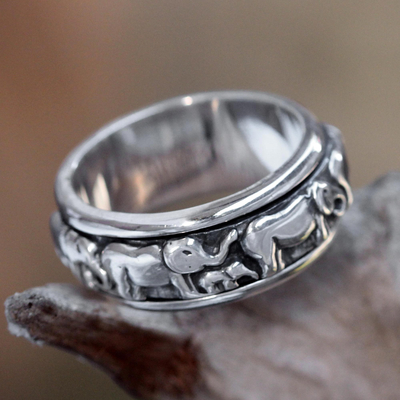 Sterling silver meditation spinner ring, 'Lucky Elephants' - Handcrafted Silver Spinner Meditation Ring