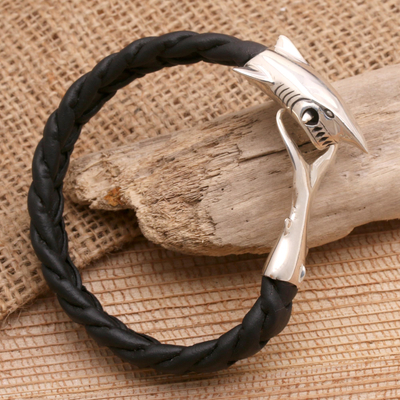 Men's leather bracelet, 'Shark' - Men's Leather and Sterling Silver Bracelet