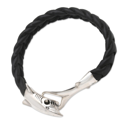 Men's leather bracelet, 'Shark' - Men's Leather and Sterling Silver Bracelet