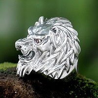 Men's garnet ring, 'Lion Power' - Men's Sterling Silver and Garnet Lion's Ring from Bali