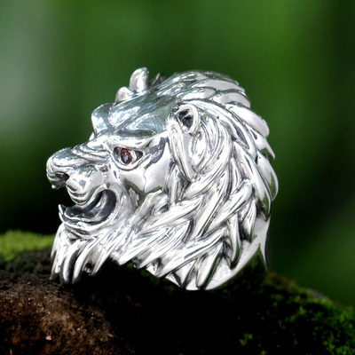 Men's garnet ring, 'Lion Power' - Men's Artisan Crafted Sterling Silver and Garnet Ring