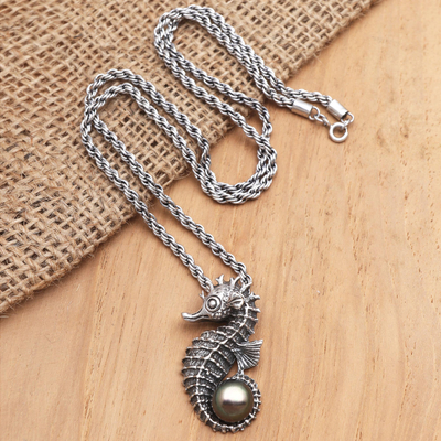 Cultured pearl pendant necklace, 'Sea Horse Legend' - Sterling Silver and Pearl Pendant Necklace