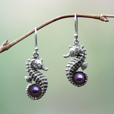 Cultured pearl dangle earrings, 'Sea Horse Legend' - Indonesian Sterling Silver and Pearl Dangle Earrings
