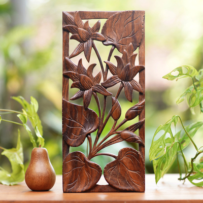 Wood relief panel, 'Love Lotus' - Hand Crafted Wood Floral Relief Panel