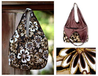 Cotton beaded shoulder bag, 'Tropical Bouquet' - Hand Made Floral Beaded Shoulder Bag