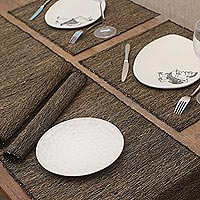 Natural fibers and cotton table runner and placemats, 'Nature of Black' (set of 4)