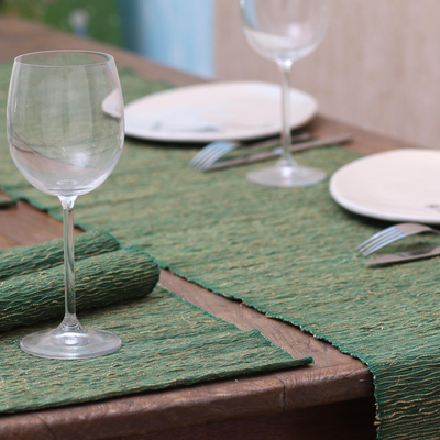 Natural fibers and cotton table runner and placemats, 'Nature of Green' (set of 4) - Natural Fiber Table Runner and Placemats (Set of 4)