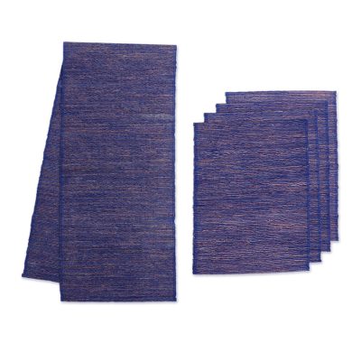 Natural fibers and cotton table runner and placemats, 'Nature of Blue' (set of 4) - Handmade Table Runner and Placemats (Set for 4)