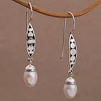 Cultured pearl dangle earrings, 'Paradise Blooms' - Balinese Artisan Crafted Sterling Silver and Pearl Earrings