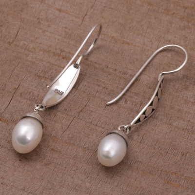 Cultured pearl dangle earrings, 'Paradise Blooms' - Balinese Artisan Crafted Sterling Silver and Pearl Earrings
