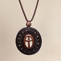 Men's Sawo Wood Cross Pendant Necklace with Cotton Cord, 'Natural Blessing