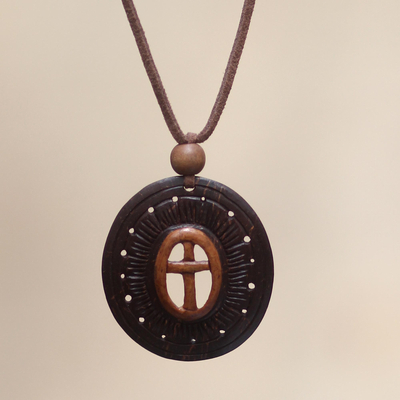 Coconut shell flower necklace, 'Cross of Life' - Handcrafted Coconut Shell Pendant Necklace