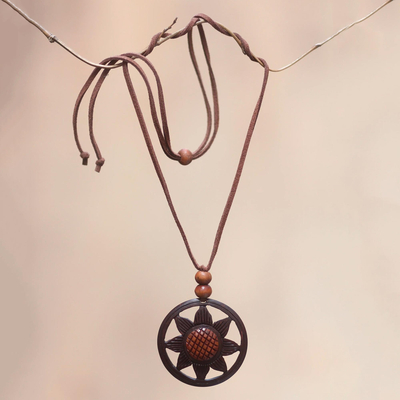 Coconut shell flower necklace, 'Balinese Sunflower' - Handcrafted Coconut Shell Necklace