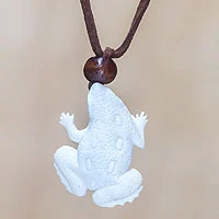 Men's wood and bone pendant necklace, 'Frog Prince'