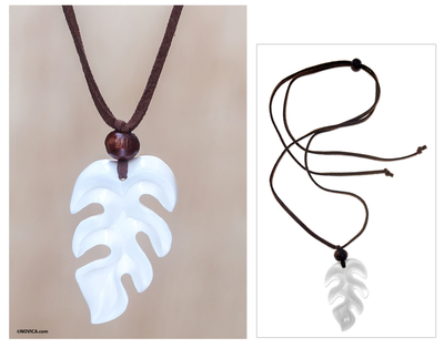 Men's wood and bone pendant necklace, 'Living Leaf' - Men's Hand Crafted Cow Bone Pendant Necklace