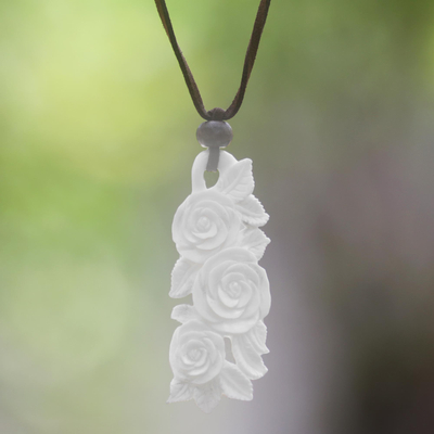 Wood and bone flower necklace, 'Rose Bouquet' - Handcrafted Floral Pendant Necklace