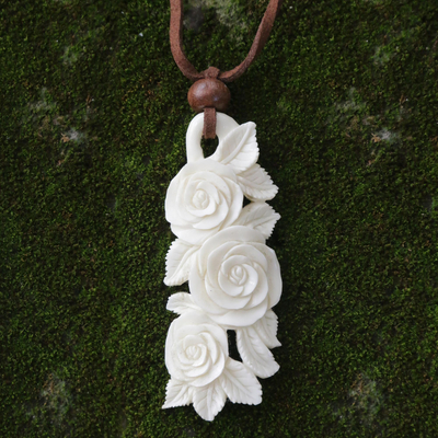 Wood and bone flower necklace, 'Rose Bouquet' - Handcrafted Floral Pendant Necklace