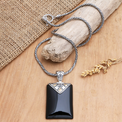 Gold accent onyx pendant necklace, 'Magnanimous' - Onyx and Sterling Silver Pendant Necklace