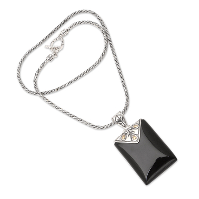Gold accent onyx pendant necklace, 'Magnanimous' - Onyx and Sterling Silver Pendant Necklace