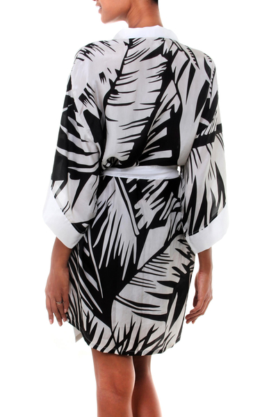 Silk robe, 'Palm Fronds' - Women's Silk Short Robe with Palm Frond Motifs