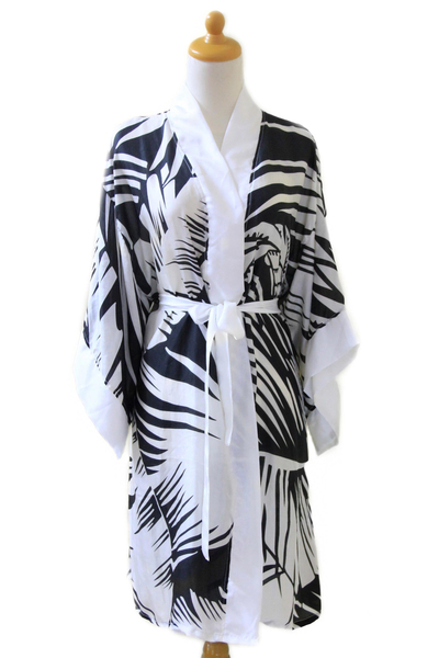 Silk robe, 'Palm Fronds' - Women's Silk Short Robe with Palm Frond Motifs