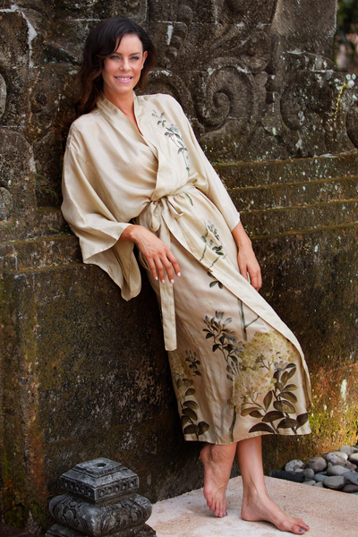 Silk robe, 'Azure Blossoms' - Silk robe