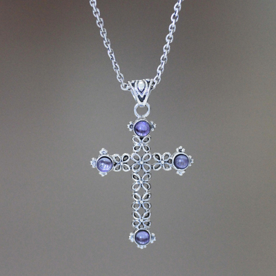 Amethyst cross necklace, 'Jasmine Light' - Unique Amethyst and Sterling Silver Cross Necklace
