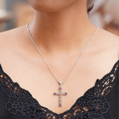 collar cruz amatista - Collar único de cruz de amatista y plata esterlina