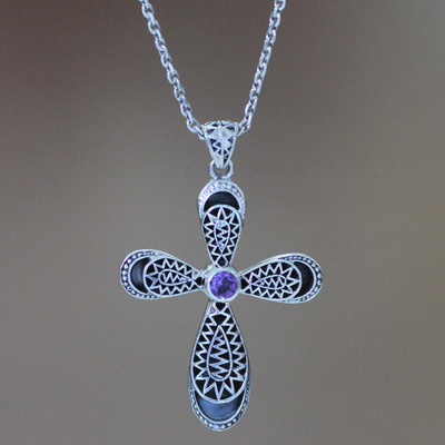 Amethyst cross necklace, 'Heaven's Embrace' - Handmade Amethyst and Sterling Silver Cross Necklace