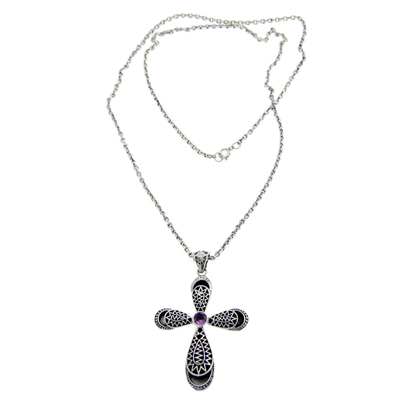 Amethyst cross necklace, 'Heaven's Embrace' - Handmade Amethyst and Sterling Silver Cross Necklace