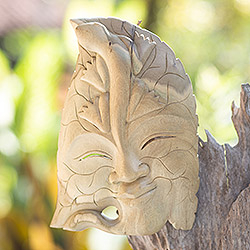 Wood mask, 'Life of a Leaf' - Hand Made Wood Mask from Indonesia