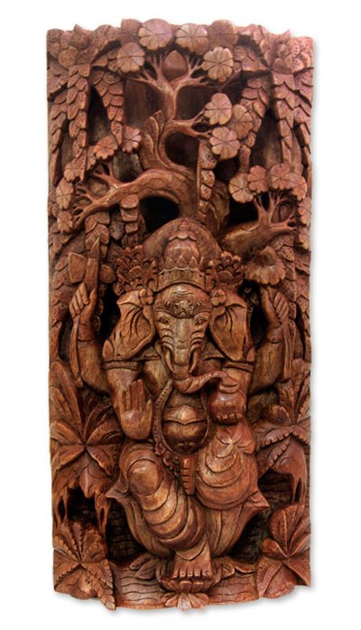 Wood relief panel, 'Sacred Lord Ganesha' - Wood relief panel