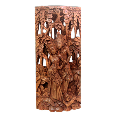 Panel en relieve de madera, 'Príncipe Rama con Sita' - Panel en relieve de madera