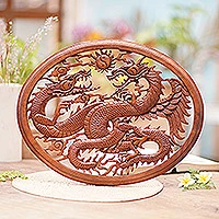 Wood wall panel, 'Naga Duality' - Handcarved Dragon Wall Panel