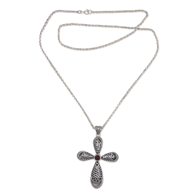 Garnet cross necklace, 'Heaven's Embrace' - Garnet cross necklace