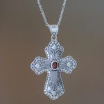 Garnet cross necklace, 'Redemption' - Garnet cross necklace
