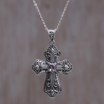 Amethyst cross necklace, 'Redemption' - Amethyst cross necklace