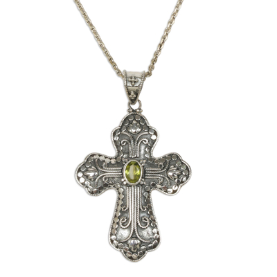 Peridot cross necklace, 'Redemption' - Peridot cross necklace