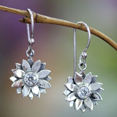 Sterling silver earrings, 'April Daisy' - Unique Sterling Silver and Cubic Zirconia Flower Earrings