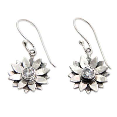 Sterling silver earrings, 'April Daisy' - Unique Sterling Silver and Cubic Zirconia Flower Earrings