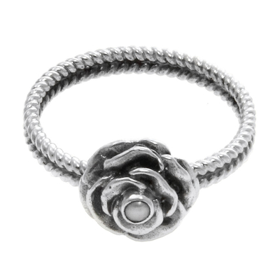 Birthstone flowers pearl ring, 'June Rose' - Handmade Sterling Silver and Pearl Flower Ring