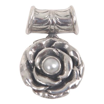 Cultured pearl pendant, 'Glamorous June Rose' - Hand Made Floral Sterling Silver and Pearl Pendant