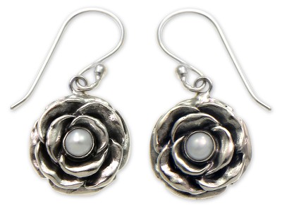 Cultured pearl earrings, 'Glamorous June Rose' - Pearl and Sterling Silver Flower Earrings
