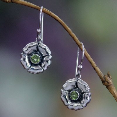 Peridot earrings, 'August Poppy' - Sterling Silver and Peridot Dangle Earrings