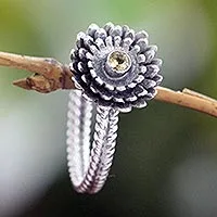 Anillo de citrino y flores con piedra natal - Anillo de plata de ley con citrino hecho a mano.