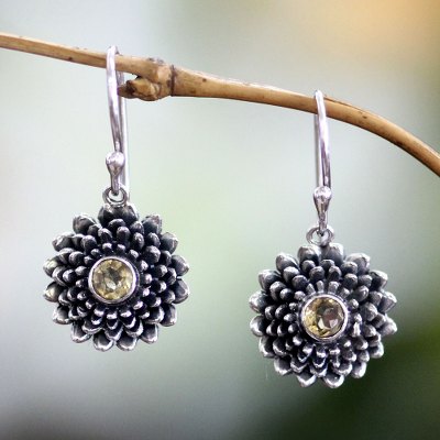 Citrine earrings, 'November Chrysanthemum' - Handcrafted Floral Sterling Silver and Citrine Earrings