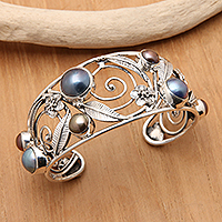 Amethyst and pearl cuff bracelet, 'Sweet Frangipani'